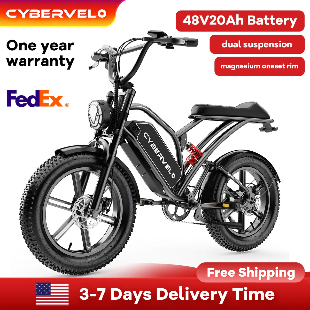 Cybervelo 1000W Electric Bike for Adults 20" Fat Tire All-Terrain E-Bike 48V 20AH/30AH Removable Battery 30MPH Electric Dirt Bike EK11