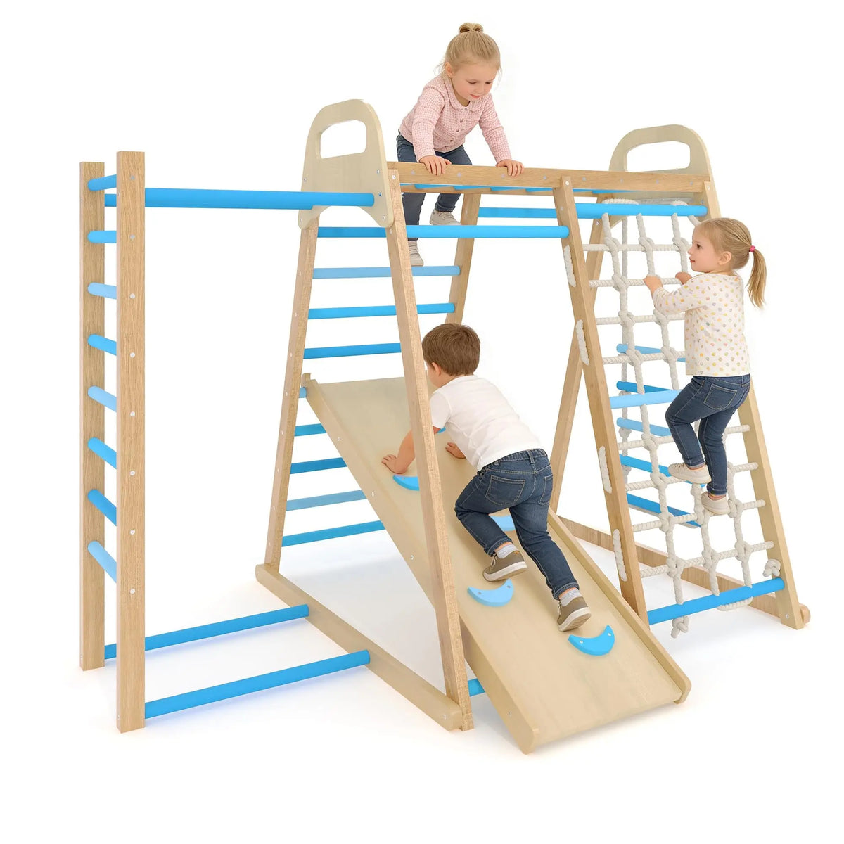 7 In 1 Extra Large Wooden Climbing Triangle Set For Kids 3-14, Foldable Indoor Jungle Gym With Slide Ramp, Arch And Animal Print