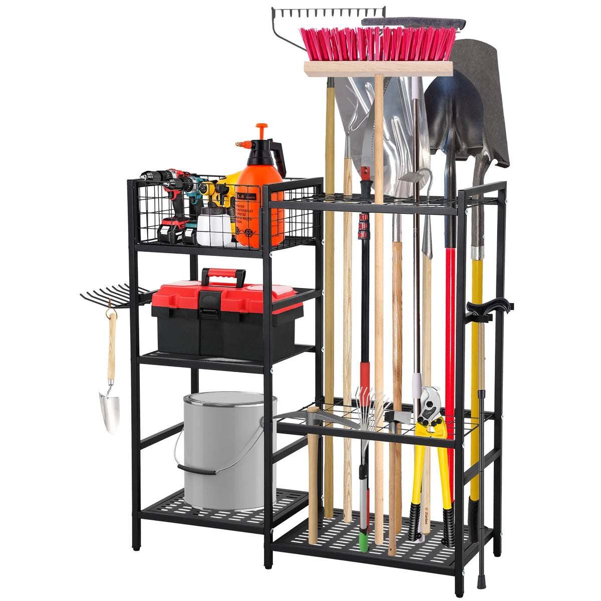Steel Garden Tool Organizer Rack With Shelves And Hooks