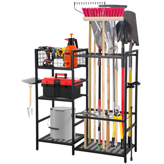 Steel Garden Tool Organizer Rack With Shelves And Hooks