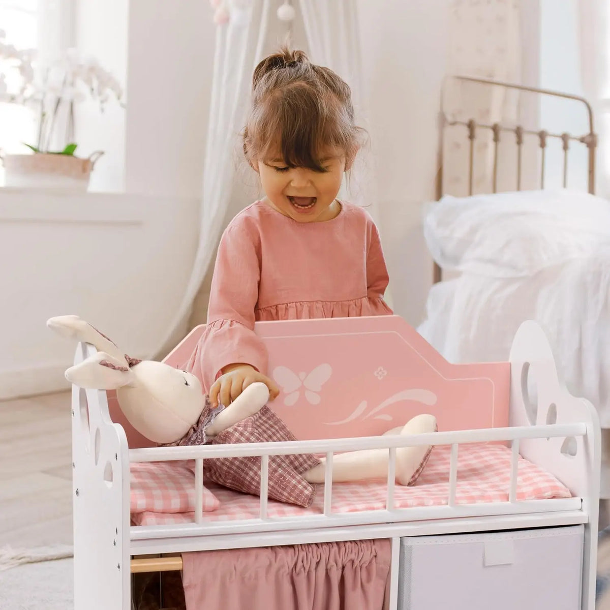 Rolife Wooden Baby Doll Crib With Storage Compartments