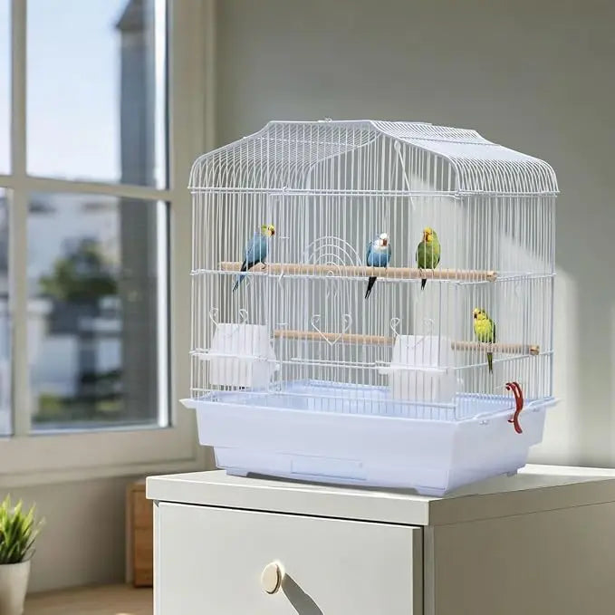 Portable Bird Cage for Small Medium Birds with Wooden Perches, Swing & Feeding Bowls, Removable Pull-out Tray & Top Carry Handle, Travel Bird House for Budgies, Cockatiels, Canaries