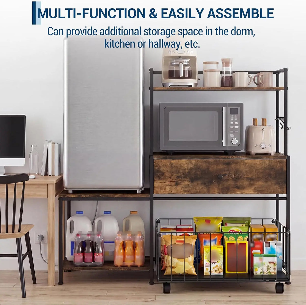 arvee 35.8in Mini Fridge Stand with Storage & Metal Drawers, Burn Color 260 lb L-Shaped Utility Bakers Rack with Mini Fridge Space, 5-Tier Sturdy Microwave Stand and Coffee Station for Dorm, Office