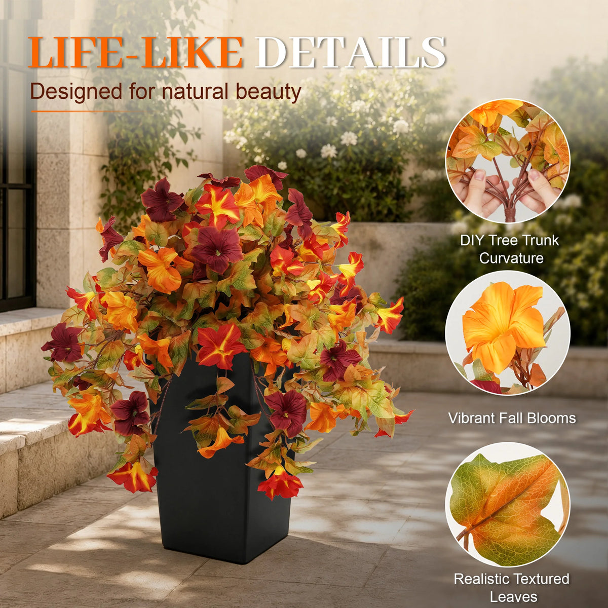 Artificial Autumn Morning Glory Plants with Orange Burgundy Leaves, 2 pack