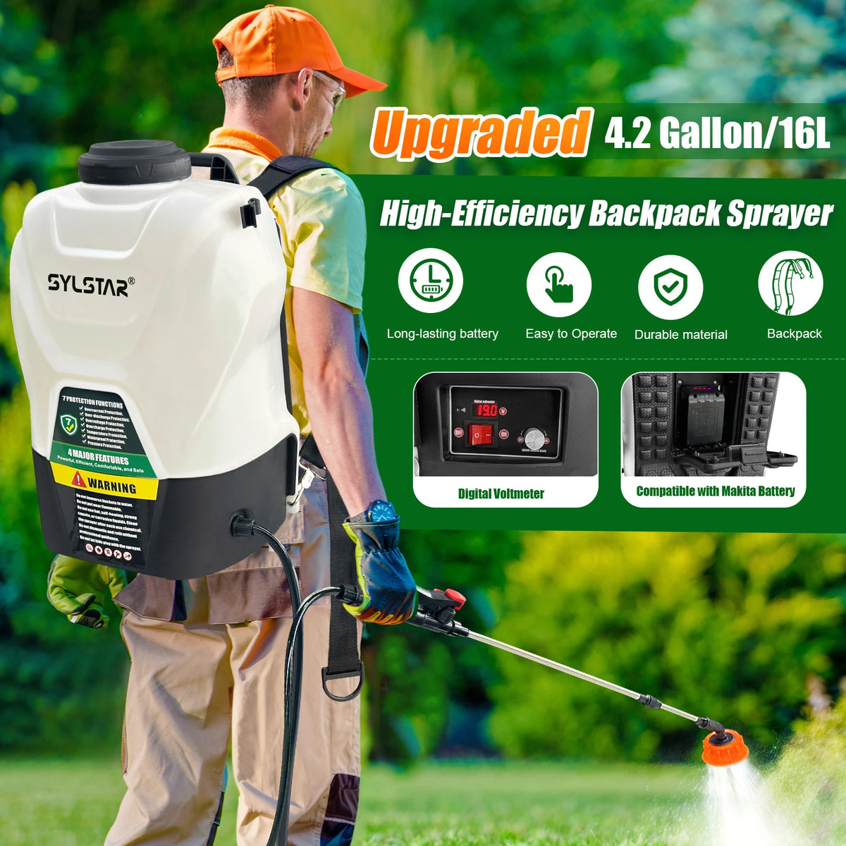 21V Electric Backpack Garden Sprayer With Telescopic Wand 5 Nozzles