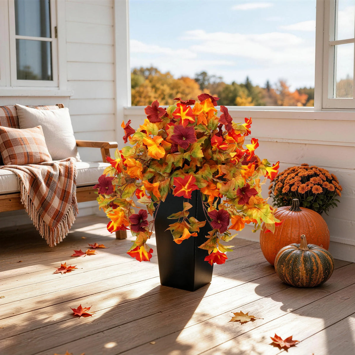 Artificial Autumn Morning Glory Plants with Orange Burgundy Leaves, 2 pack