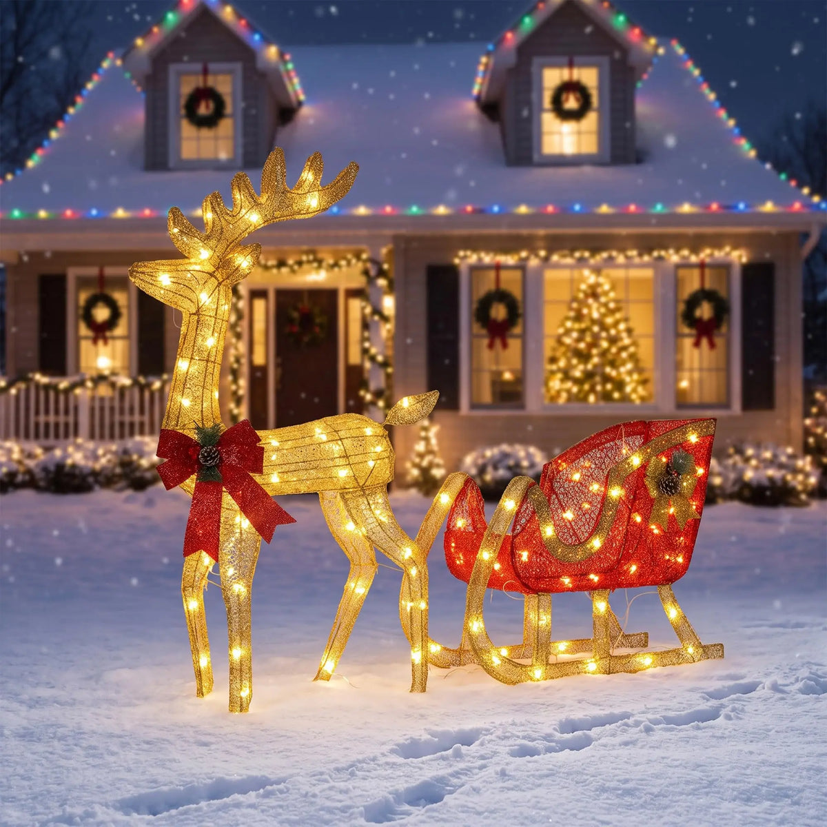 4ft Lighted Christmas Reindeer And Sleigh Set With 180 Led Lights, Outdoor Yard Decor With Ground Stakes For Lawn Patio Garden Porch