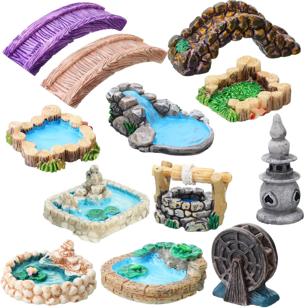 12 Pcs Fairy Garden Mini Accessories Kit with Mini Water Bridge Figurines, Lighthouse, Pond Lawn Ornaments - DIY Crafts, Different Styles Party Accessories for Building with Family Members, Succulent Dollhouse Bonsai Terrariu