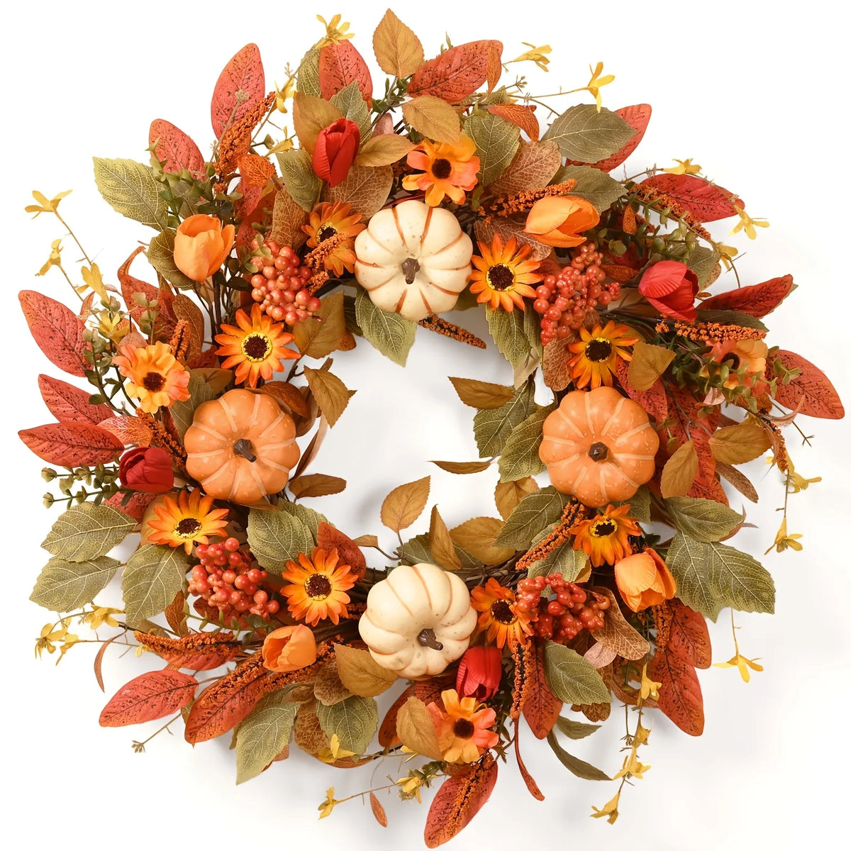 Autumn Wreath with Pumpkins, Leaves & Flowers, Perfect for Your Front Door, 22" Inch