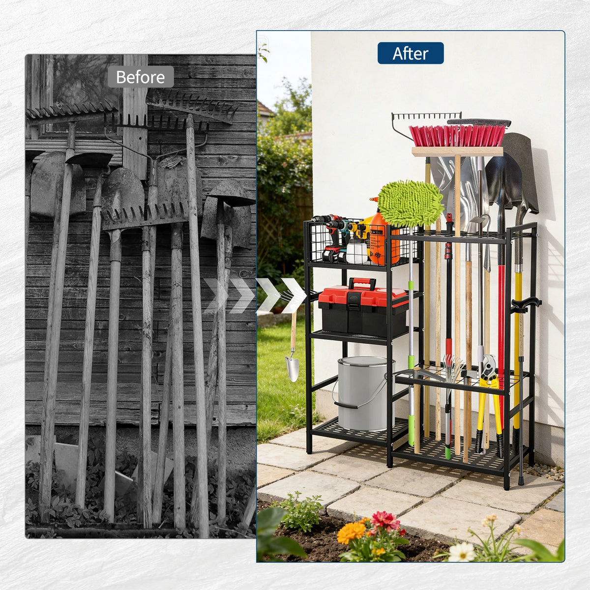 Steel Garden Tool Organizer Rack With Shelves And Hooks