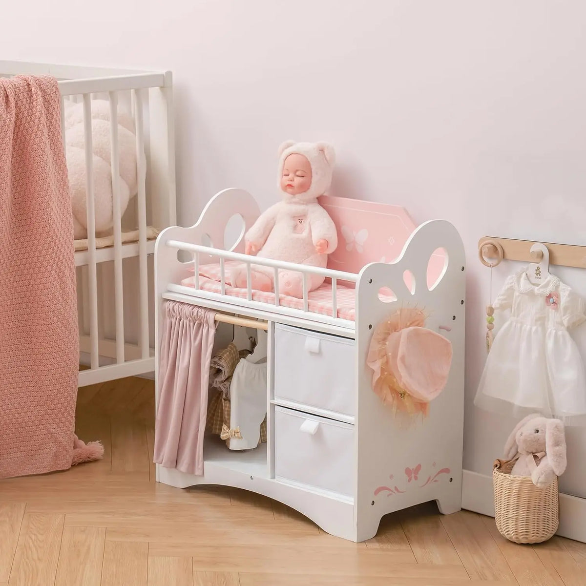 Rolife Wooden Baby Doll Crib With Storage Compartments