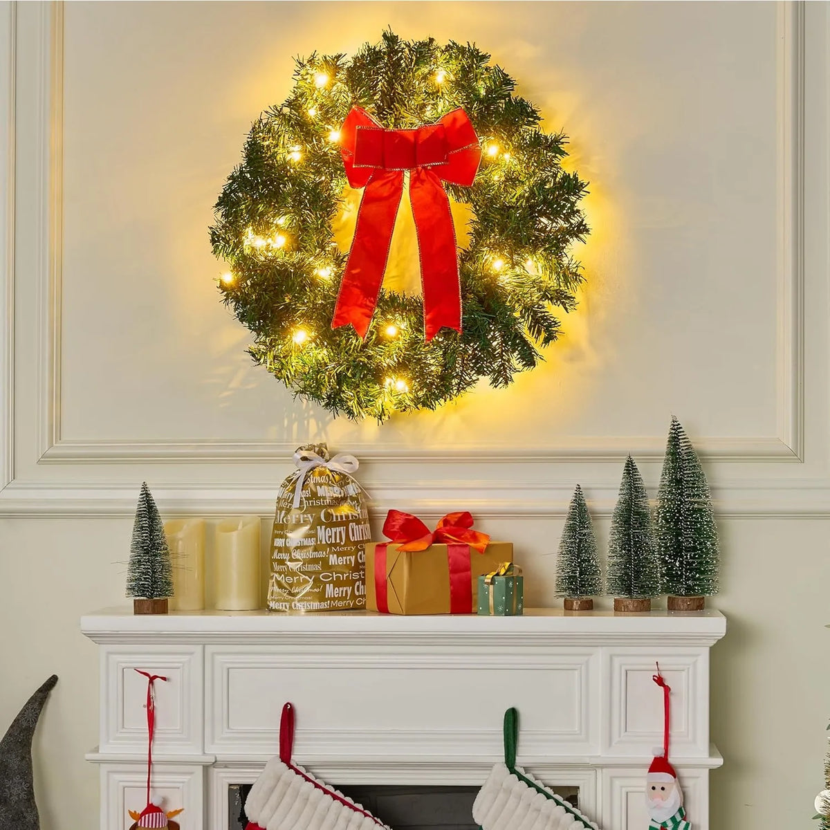 Joyfy Pre Lit Christmas Wreaths With LED Lights And Ribbon