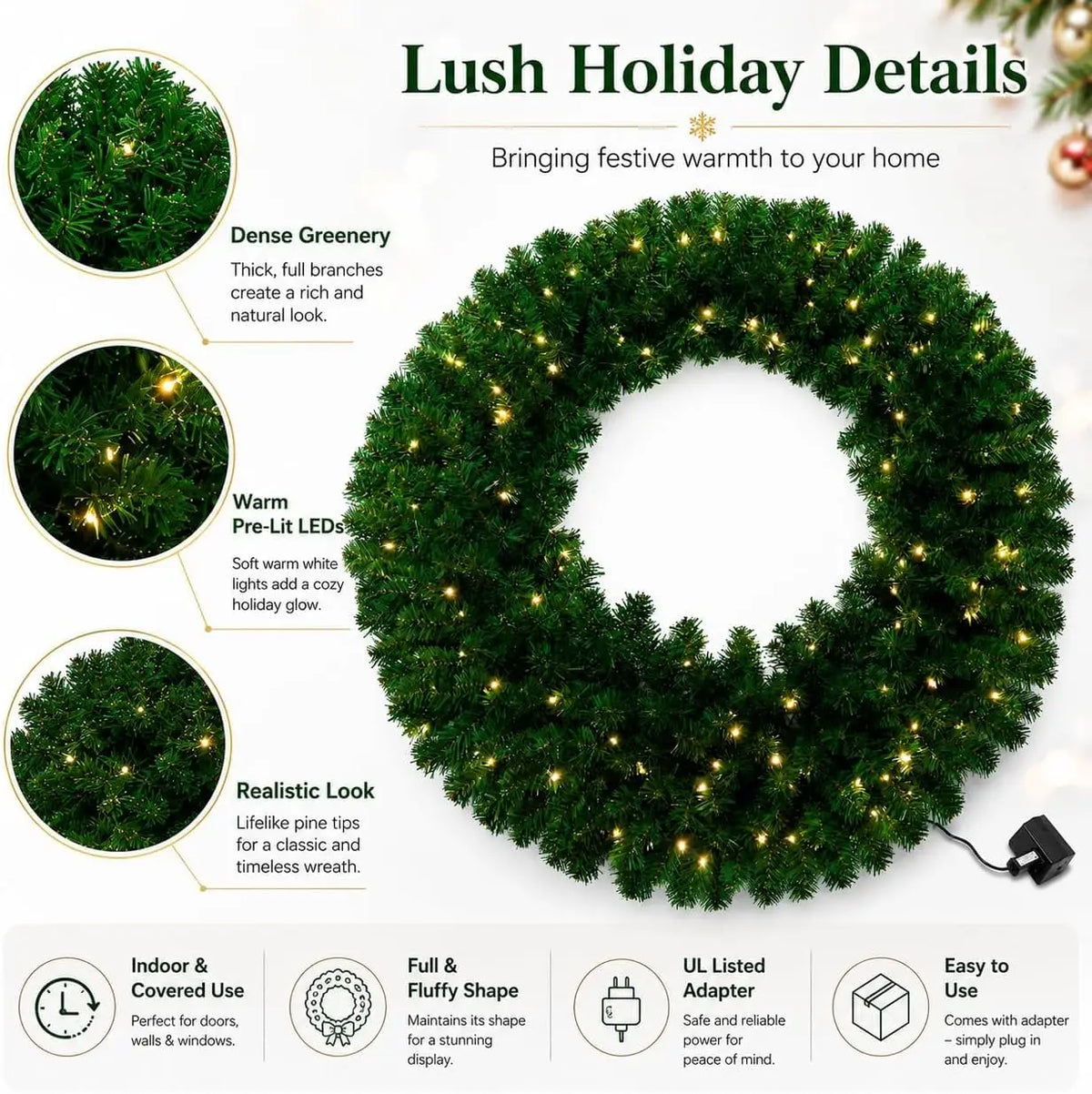36 Inch Pre-Lit Artificial Christmas Wreath – Realistic Pine Door Decor with Pinecones & Berries, Warm White LED Lights for Holiday Entryway, Wall & Mantel