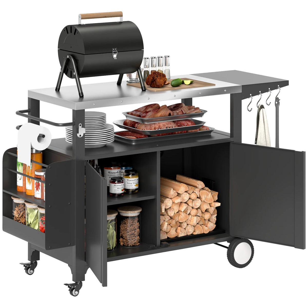 Outdoor Grill Cart Table with Foldable Side Table, Storage & Towel Rack