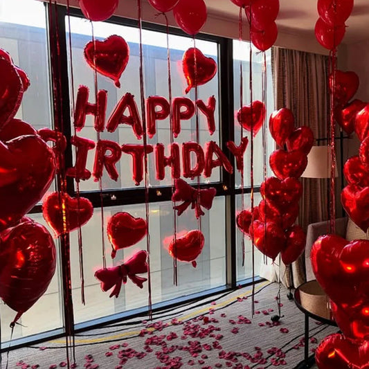 Red birthday balloon set with bow, love heart, aluminum foil balloon, simulated petals for birthdays and Valentine's Day