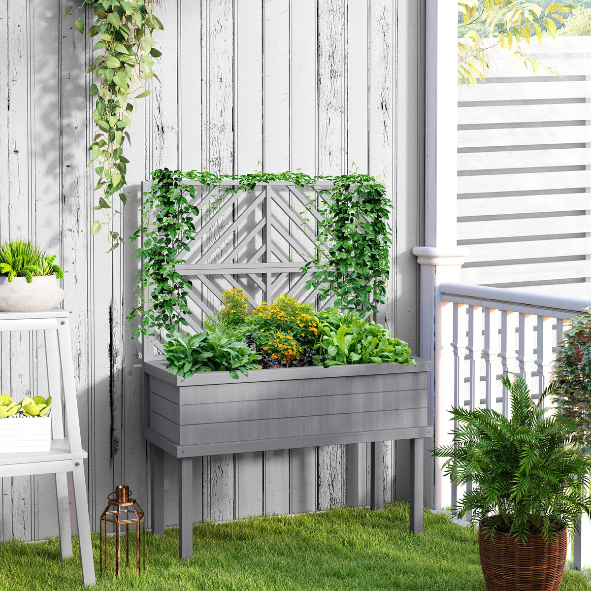 Outsunny Wooden Raised Garden Bed With Trellis For Climbing Plants