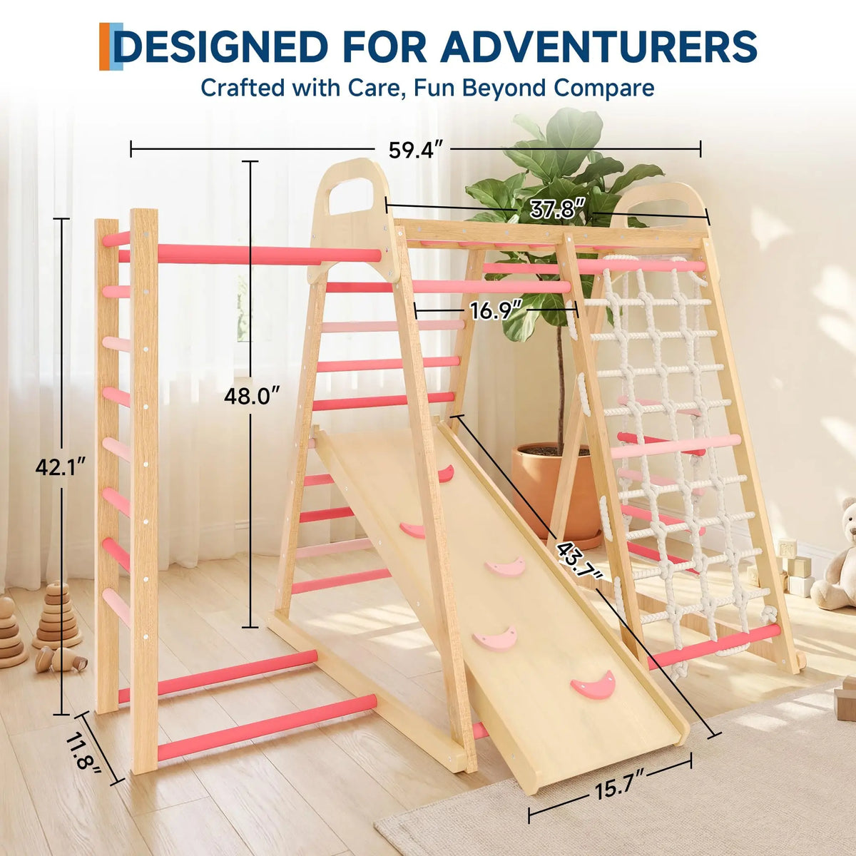 7 In 1 Extra Large Wooden Climbing Triangle Set For Kids 3-14, Foldable Indoor Jungle Gym With Slide Ramp, Arch And Animal Print