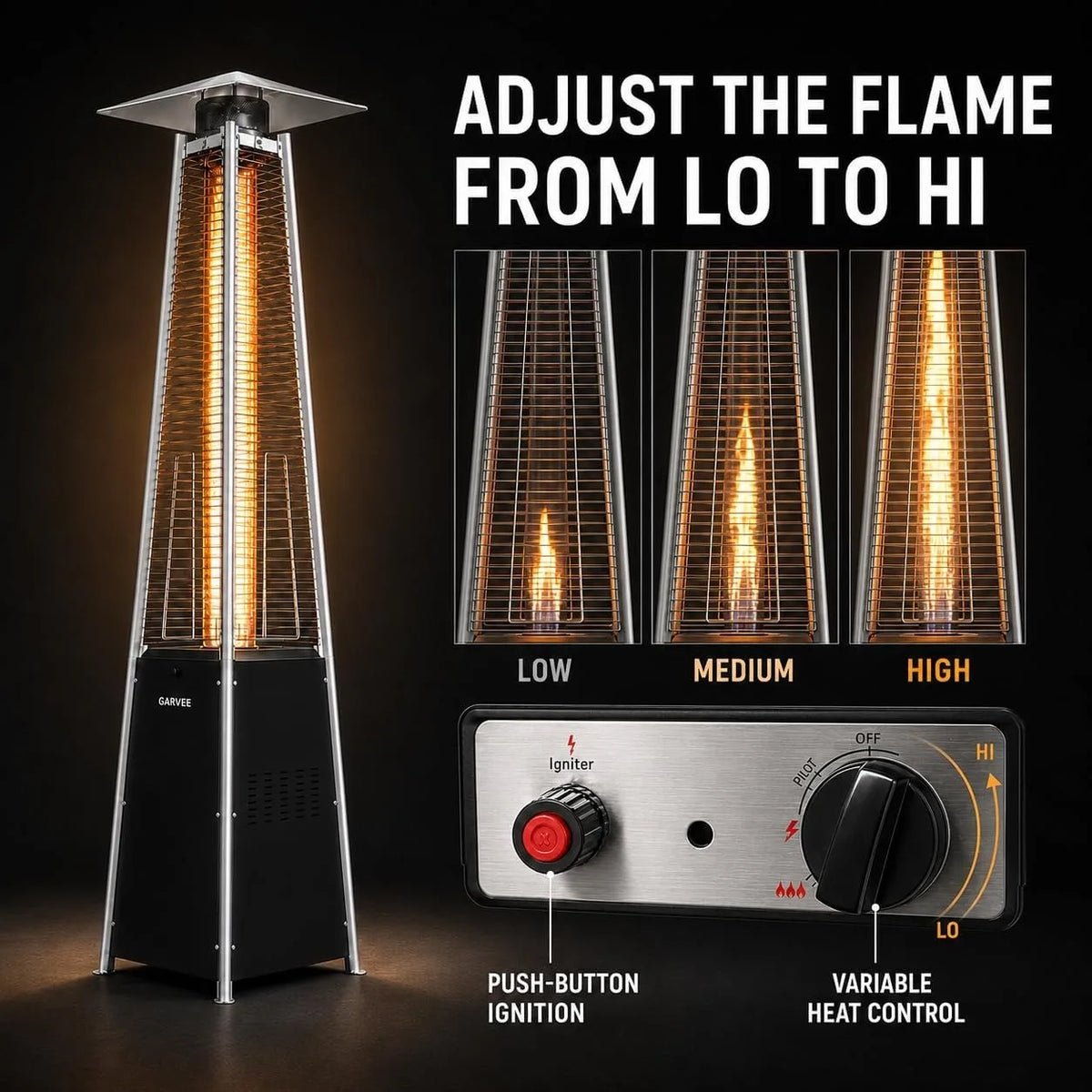 Pyramid Propane Patio Heater with Glass Tube Flame Outdoor Heater with Wheels Waterproof Cover Adjustable Heat Control Standing Heater for Patio Deck Garden Poolside Outdoor Dining