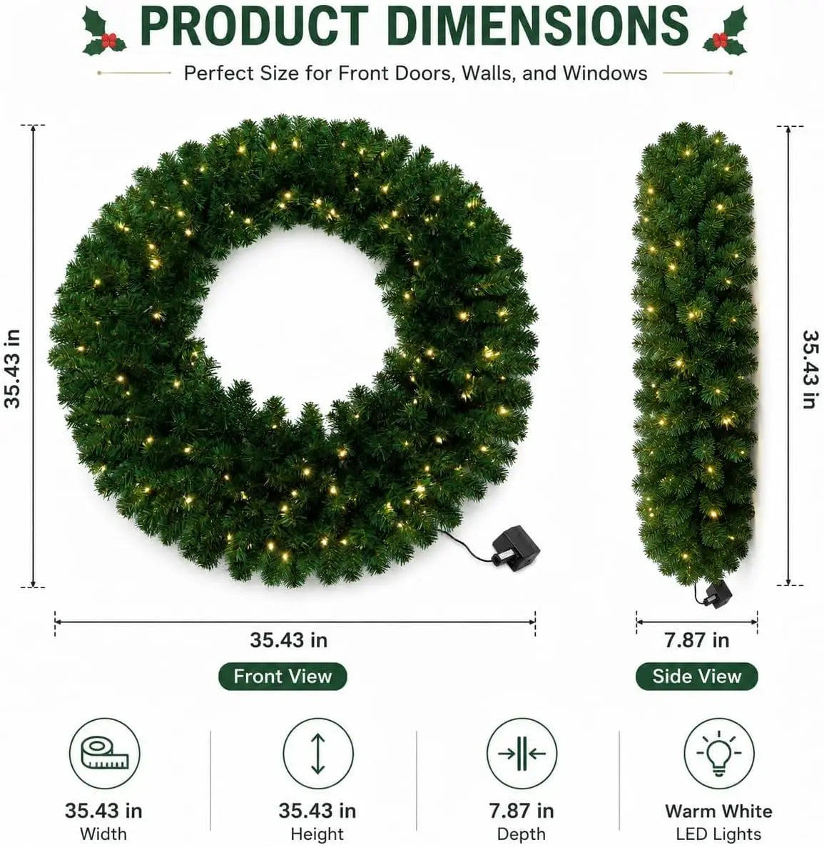 36 Inch Pre-Lit Artificial Christmas Wreath – Realistic Pine Door Decor with Pinecones & Berries, Warm White LED Lights for Holiday Entryway, Wall & Mantel