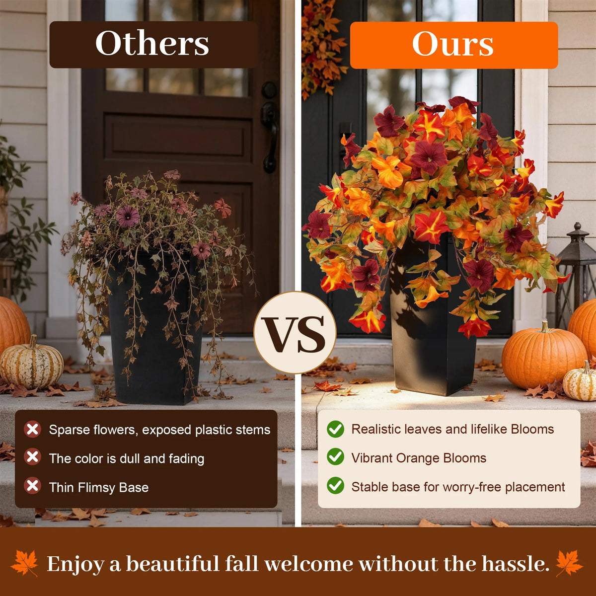 Artificial Autumn Morning Glory Plants with Orange Burgundy Leaves, 2 pack