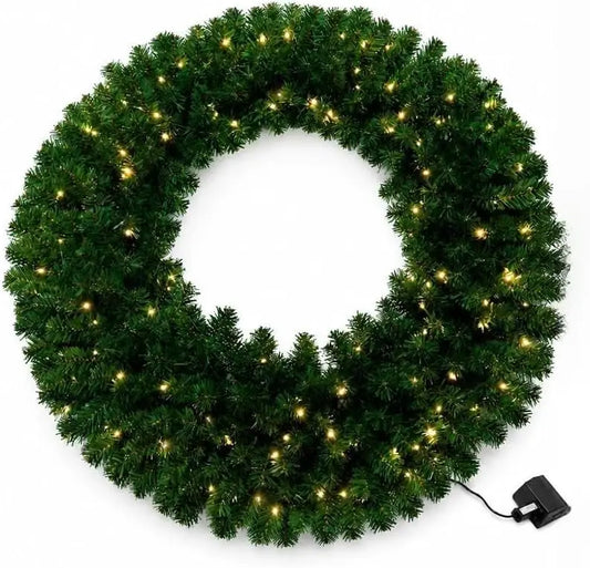 36 Inch Pre-Lit Artificial Christmas Wreath – Realistic Pine Door Decor with Pinecones & Berries, Warm White LED Lights for Holiday Entryway, Wall & Mantel