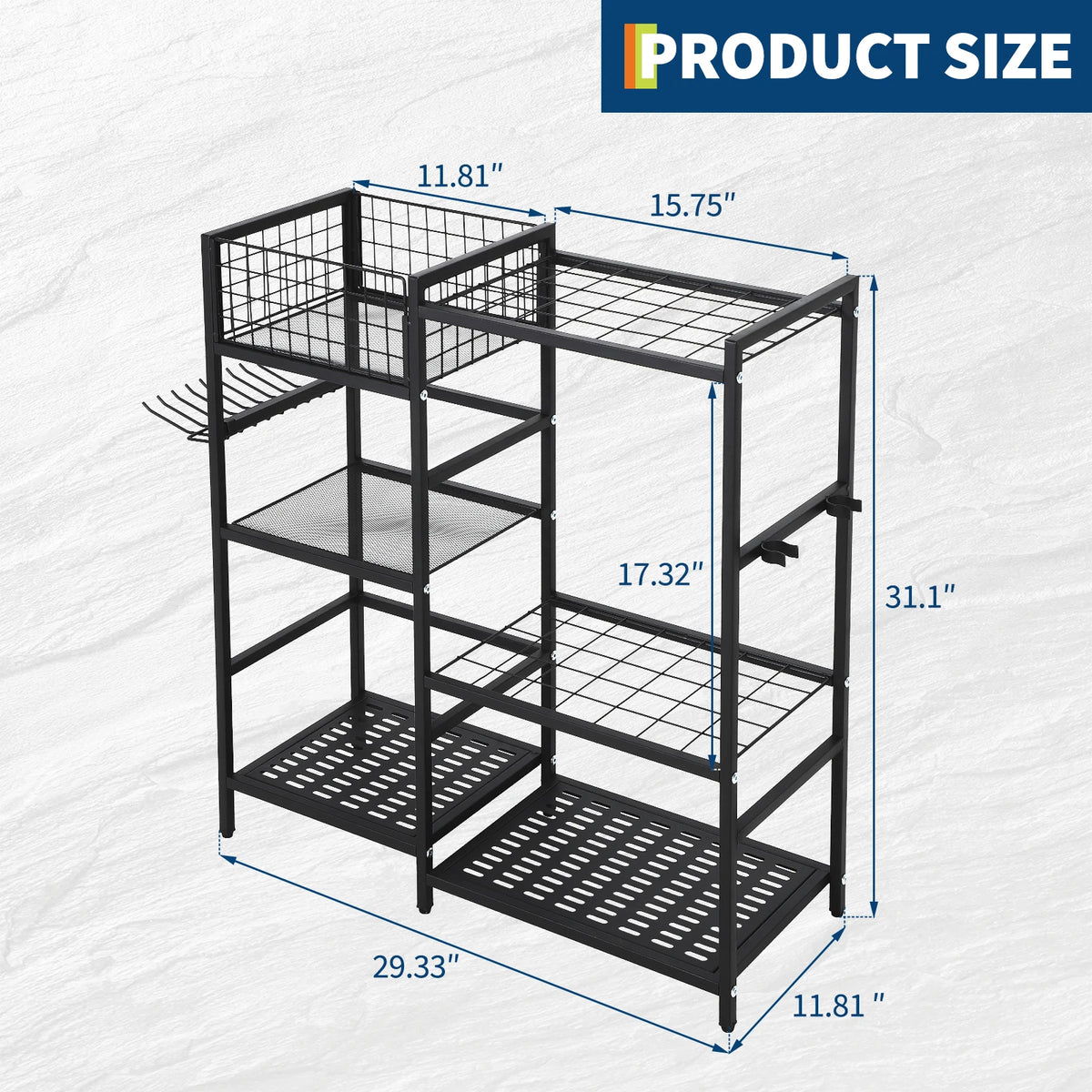 Steel Garden Tool Organizer Rack With Shelves And Hooks