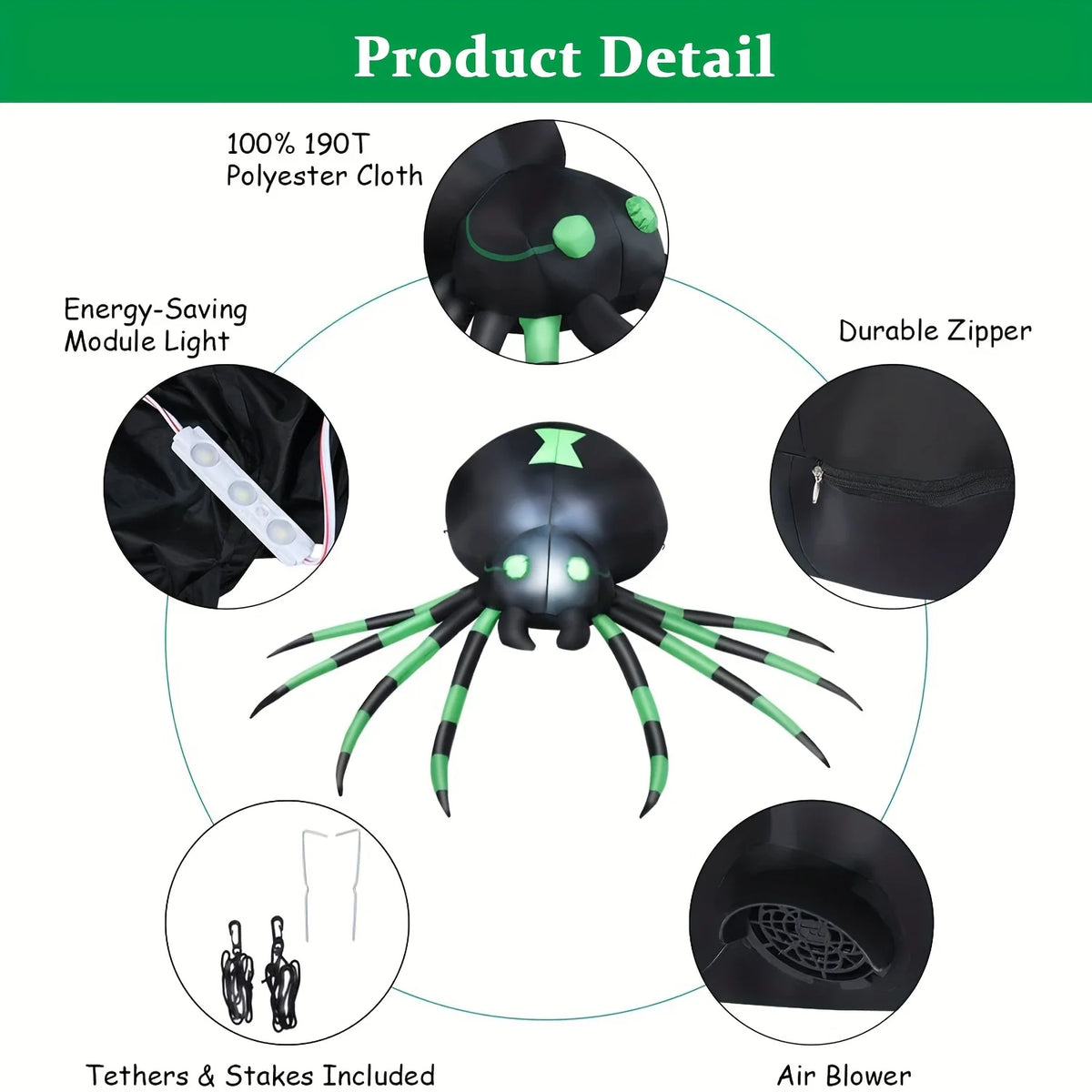 LED Inflatable Halloween Spider Yard Decor With Stakes And Blower