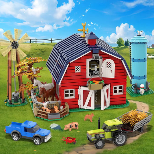Hogokids Farm Barn Building Set With Windmill Tractor And Horse