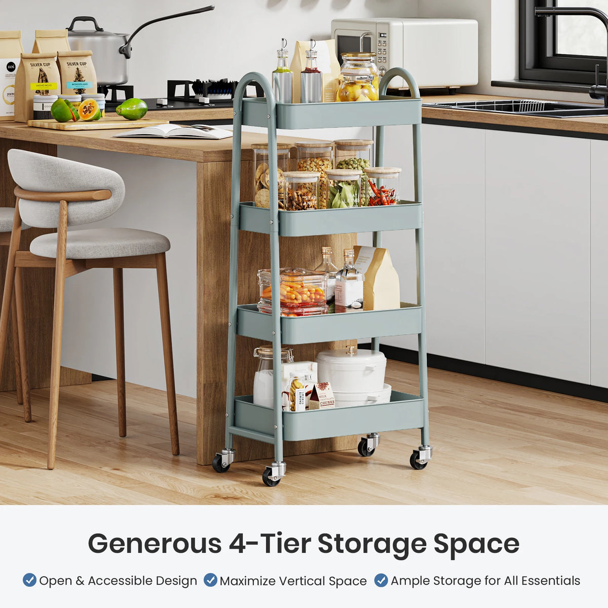 MCQ 4 Tiers Mobile Metal Frame Kitchen Cart Rolling Storage Shelf with Lockable Caster Wheels Organization Utility Cart for Livingroom Kitchen Narrow Places ﻿