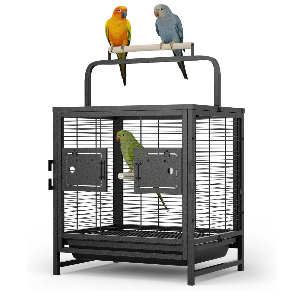 Portable Bird Cage, 19x15x25.5in, Wrought Iron, 2-in-1 Wooden Perch Handle, Removable Deep Tray, For Parakeets, Cockatiels, Budgies & Canaries,Outdoor Activity