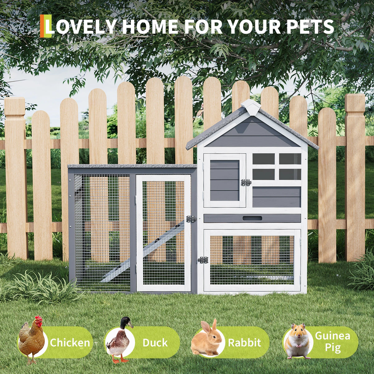 Wooden Two Story Rabbit Hutch And Indoor Outdoor Chicken Coop
