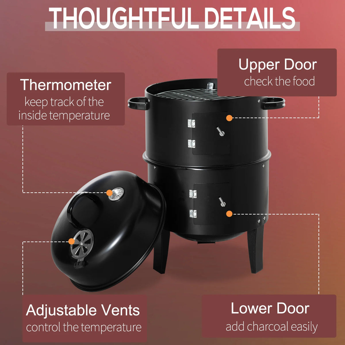 Outsunny Three In One Outdoor Charcoal BBQ Grill And Smoker