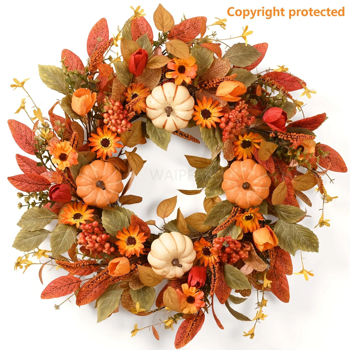 Autumn Wreath with Pumpkins, Leaves & Flowers, Perfect for Your Front Door, 22" Inch