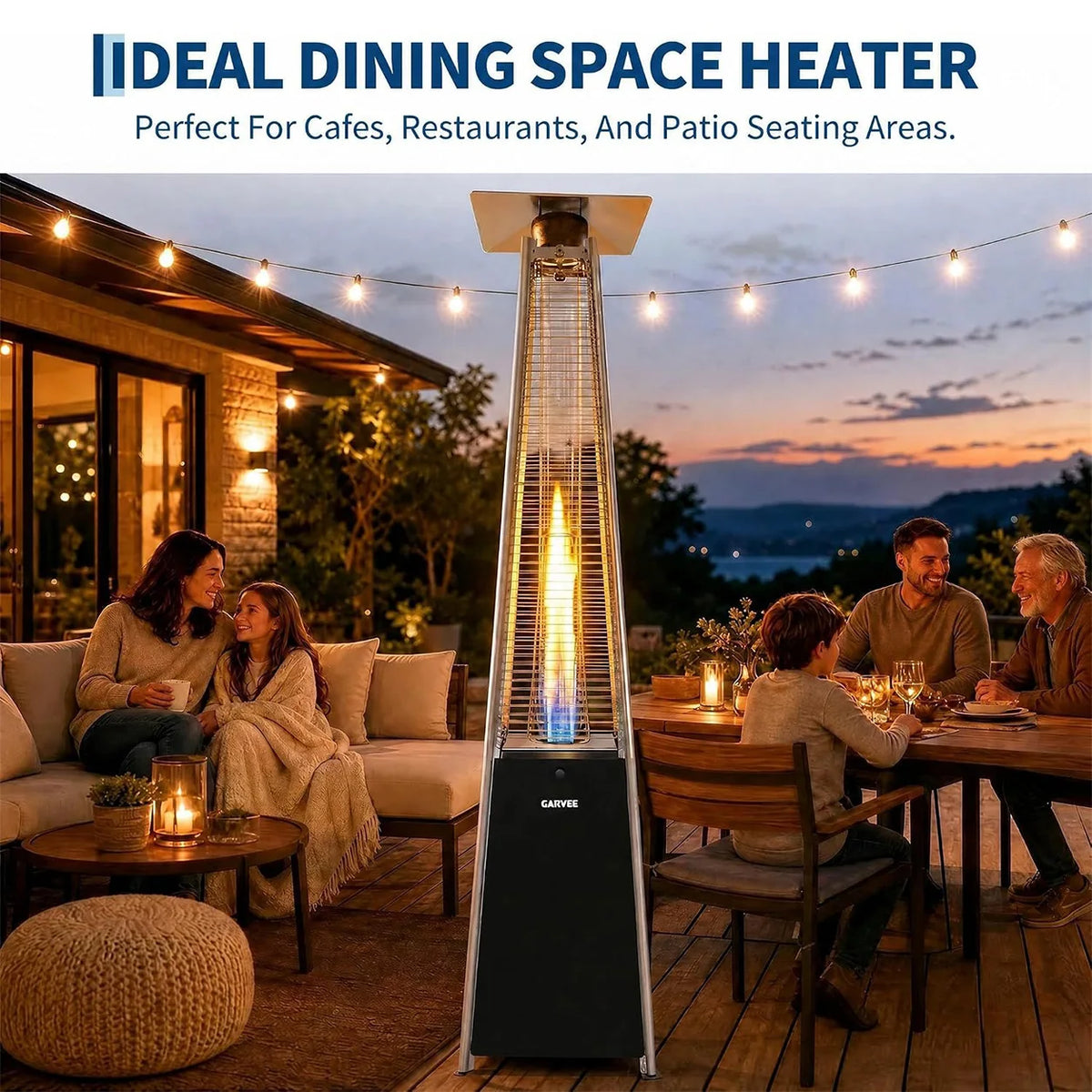 Pyramid Propane Patio Heater with Glass Tube Flame Outdoor Heater with Wheels Waterproof Cover Adjustable Heat Control Standing Heater for Patio Deck Garden Poolside Outdoor Dining