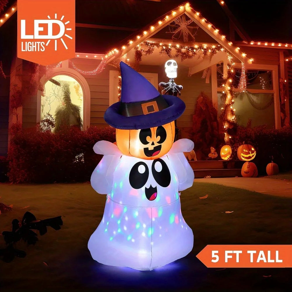 Pumpkin & Ghost Inflatable, Colorful Glowing LED Lights, 5 FT Tall