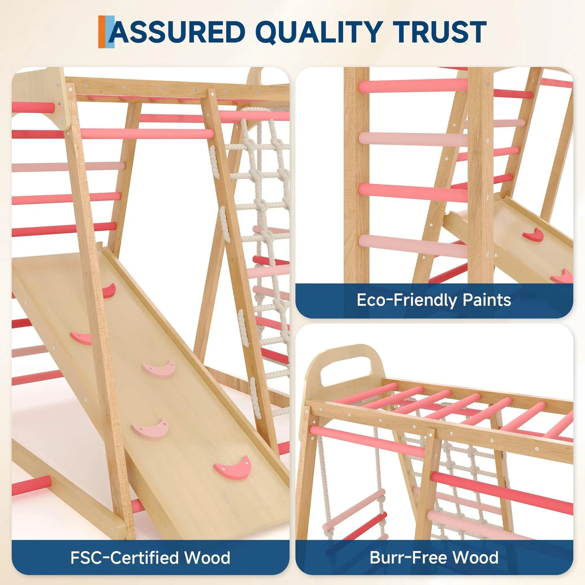 7 In 1 Extra Large Wooden Climbing Triangle Set For Kids 3-14, Foldable Indoor Jungle Gym With Slide Ramp, Arch And Animal Print