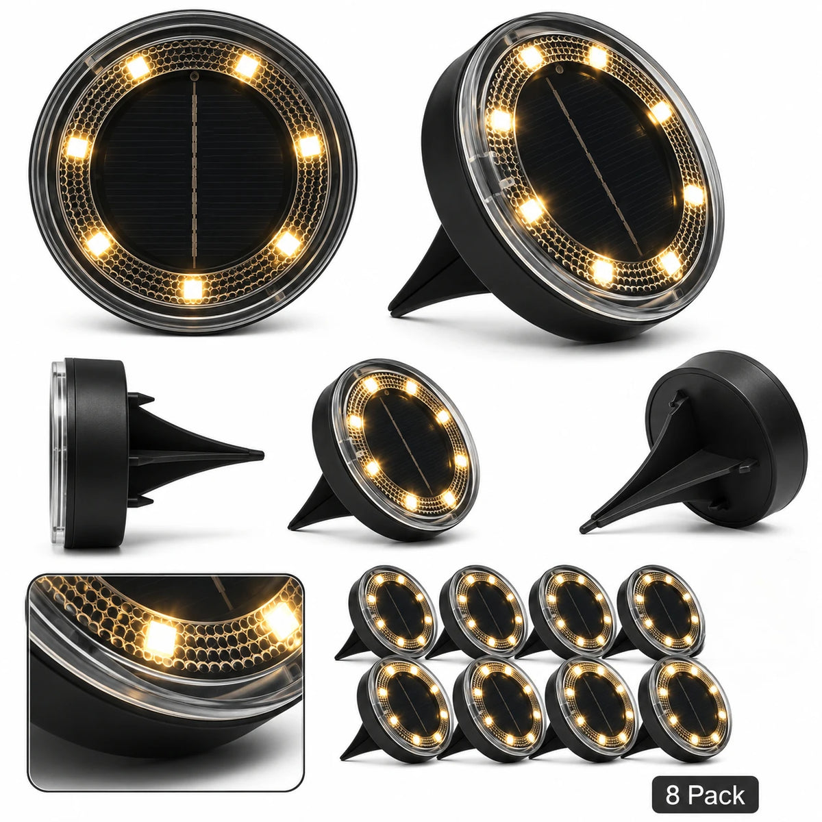 Outdoor Solar Ground Lights 8 Pack, White LED Disk Lights for Garden Path Lawn Yard Patio Driveway, Christmas Gift
