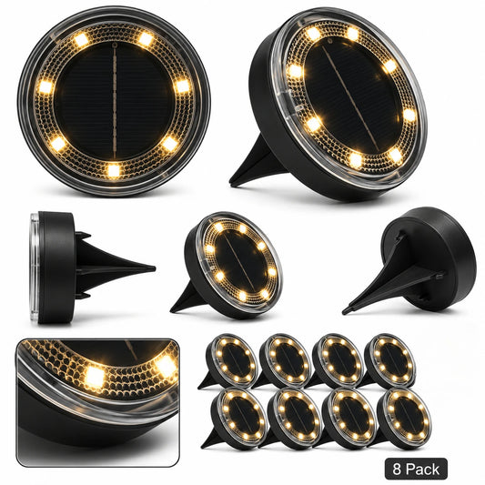 Outdoor Solar Ground Lights 8 Pack, White LED Disk Lights for Garden Path Lawn Yard Patio Driveway, Christmas Gift
