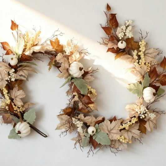 Autumn Pumpkin Maple Leaf Wreath For Thanksgiving Farmhouse Decor