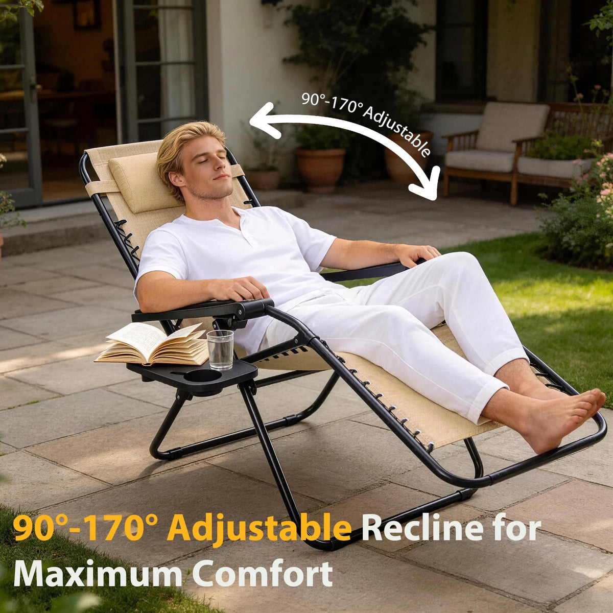 JHK Zero Gravity Outdoor Recliner Chair With Cup Holder Tray