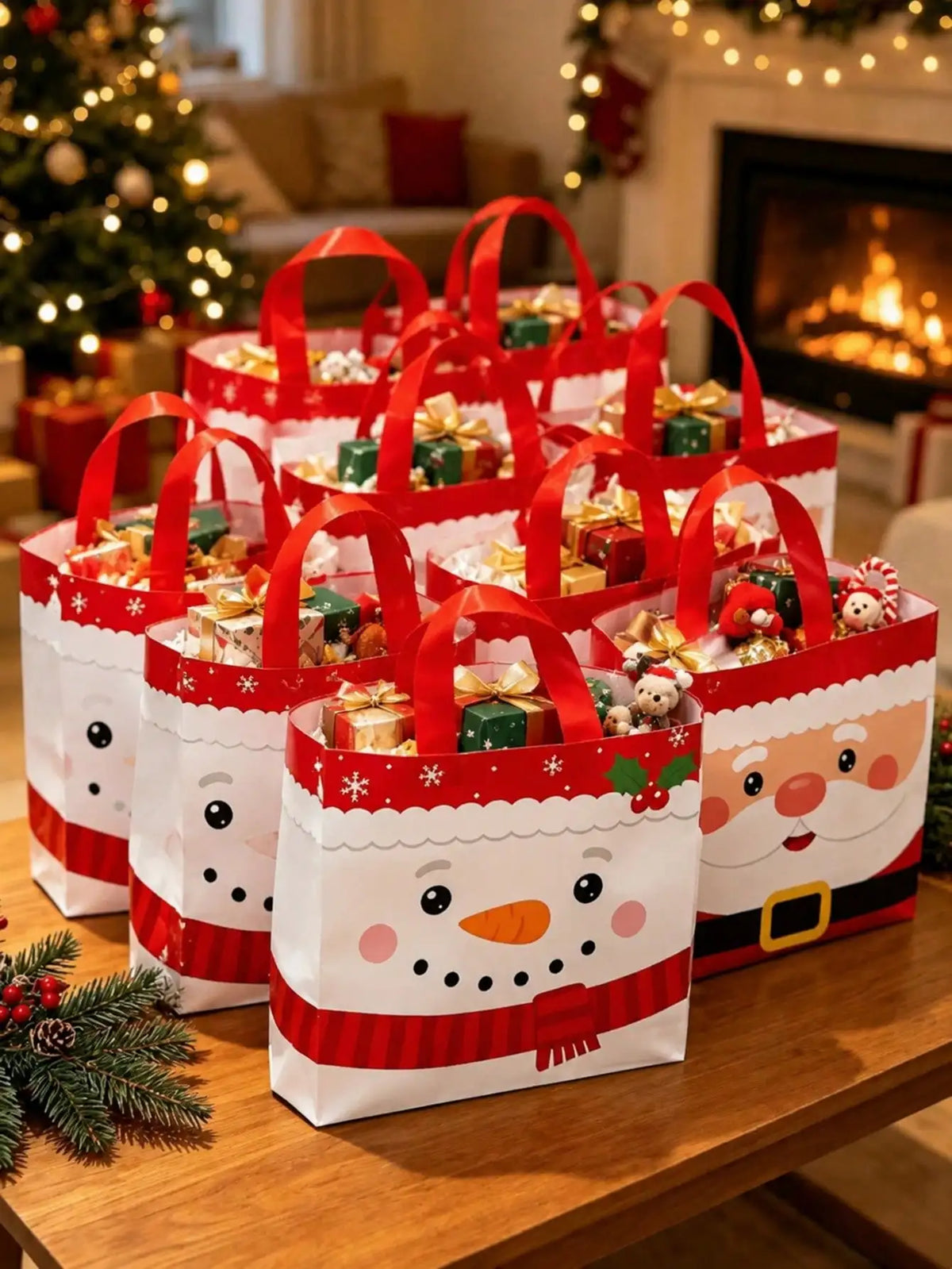 Christmas Gift Bags With Santa Reindeer And Snowman Prints