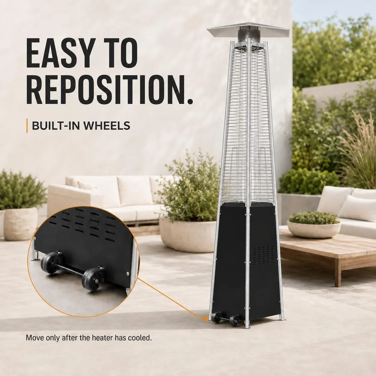 Pyramid Propane Patio Heater with Glass Tube Flame Outdoor Heater with Wheels Waterproof Cover Adjustable Heat Control Standing Heater for Patio Deck Garden Poolside Outdoor Dining