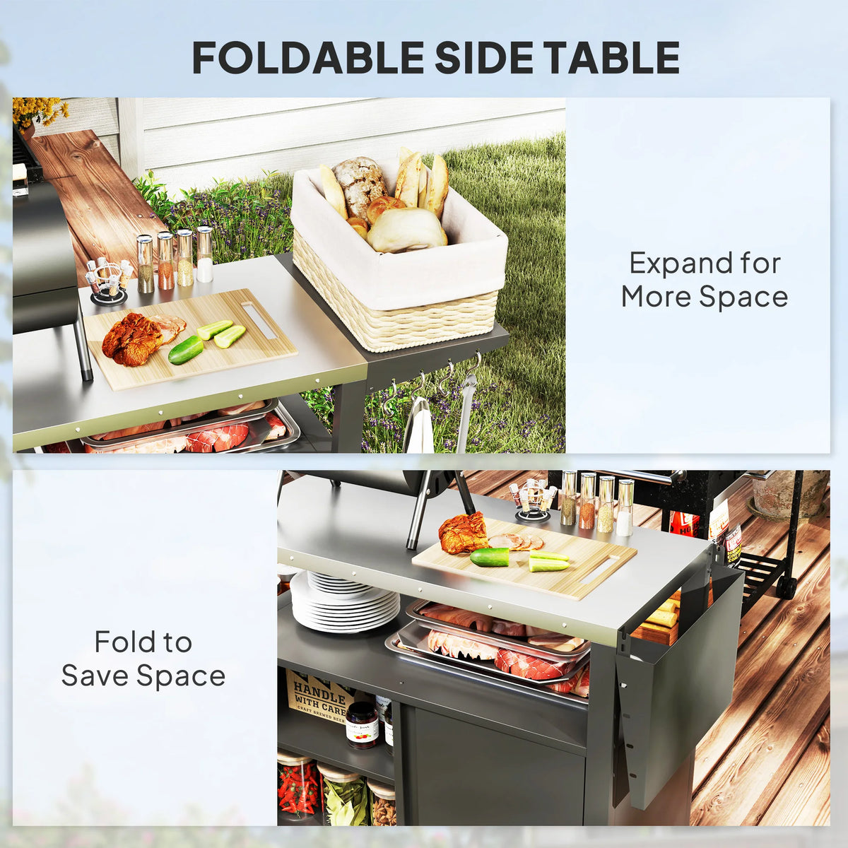 Outdoor Grill Cart Table with Foldable Side Table, Storage & Towel Rack