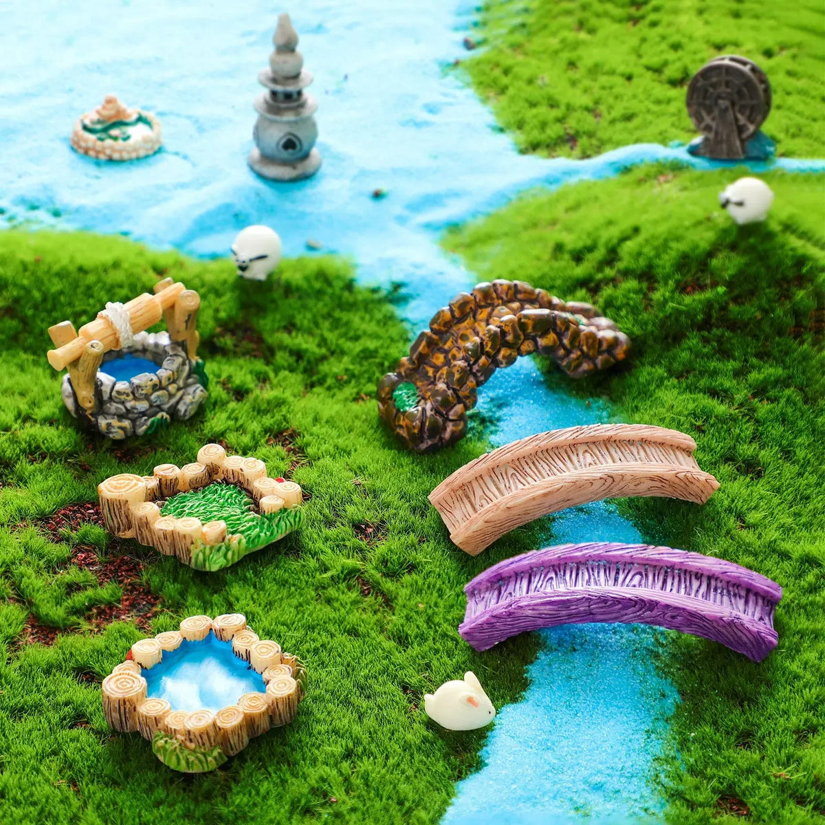 12 Pcs Fairy Garden Mini Accessories Kit with Mini Water Bridge Figurines, Lighthouse, Pond Lawn Ornaments - DIY Crafts, Different Styles Party Accessories for Building with Family Members, Succulent Dollhouse Bonsai Terrariu