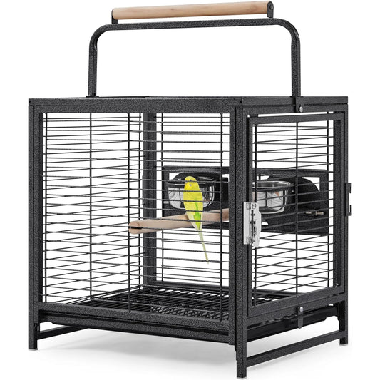 Portable Bird Cage, 19x15x25.5in, Wrought Iron, 2-in-1 Wooden Perch Handle, Removable Deep Tray, For Parakeets, Cockatiels, Budgies & Canaries,Outdoor Activity