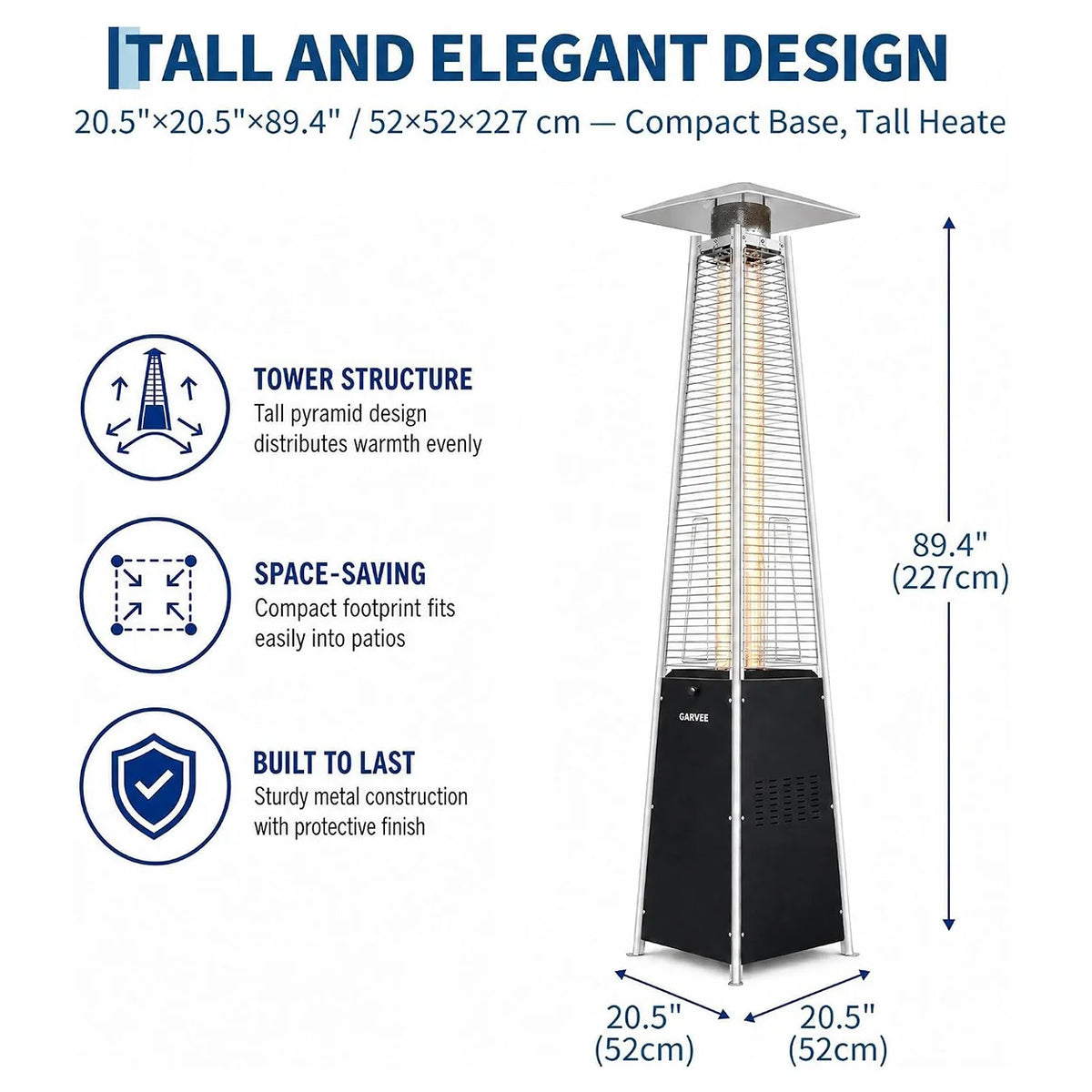 Pyramid Propane Patio Heater with Glass Tube Flame Outdoor Heater with Wheels Waterproof Cover Adjustable Heat Control Standing Heater for Patio Deck Garden Poolside Outdoor Dining