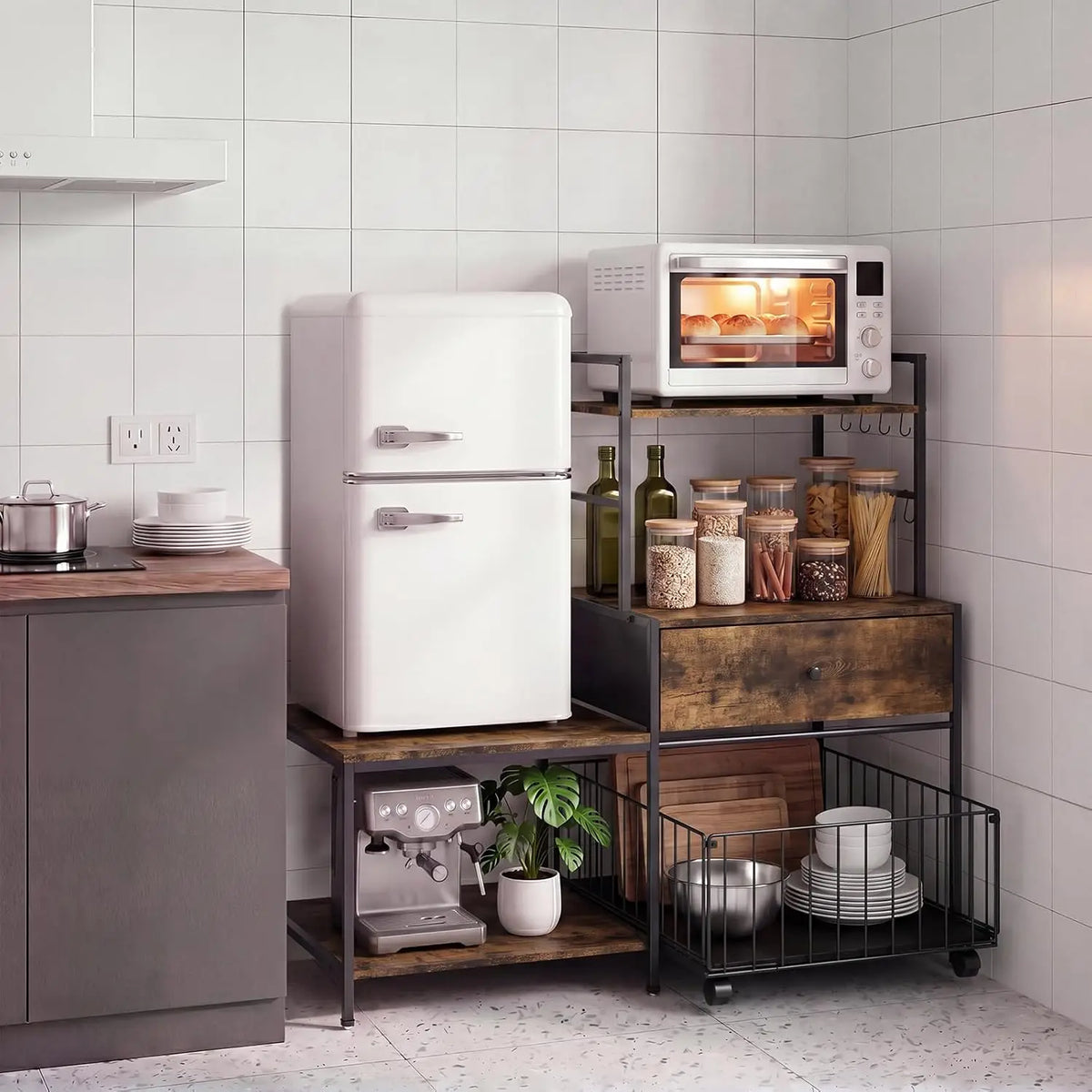arvee 35.8in Mini Fridge Stand with Storage & Metal Drawers, Burn Color 260 lb L-Shaped Utility Bakers Rack with Mini Fridge Space, 5-Tier Sturdy Microwave Stand and Coffee Station for Dorm, Office