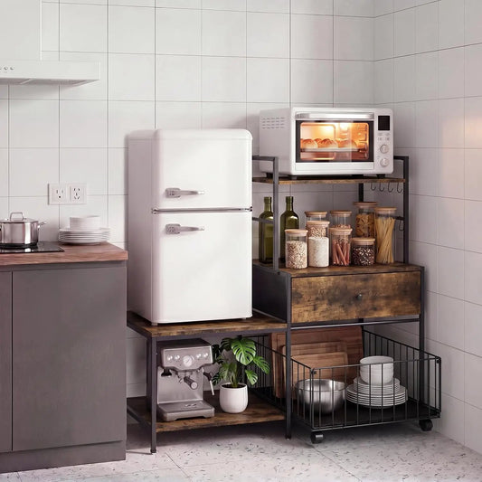 arvee 35.8in Mini Fridge Stand with Storage & Metal Drawers, Burn Color 260 lb L-Shaped Utility Bakers Rack with Mini Fridge Space, 5-Tier Sturdy Microwave Stand and Coffee Station for Dorm, Office