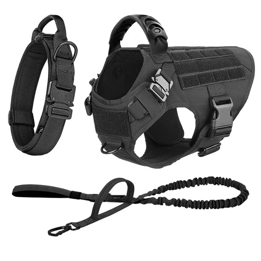 Adjustable Nylon Tactical Dog Harness Collar Leash Training Set