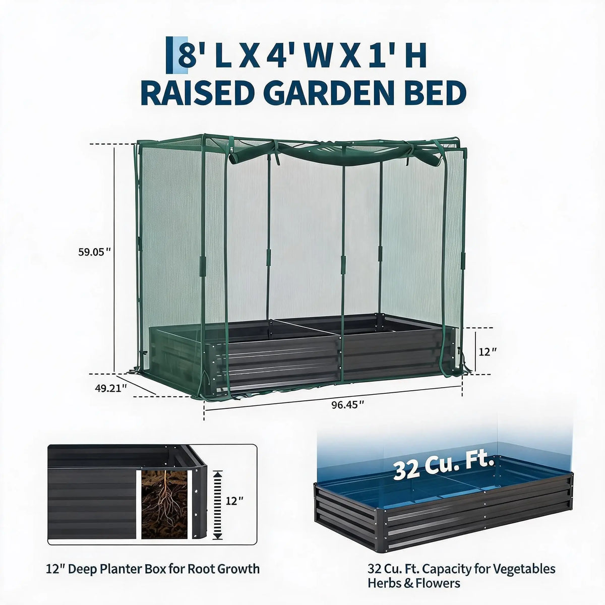 Galvanized Metal Raised Garden Bed With Self Watering Mesh Cover